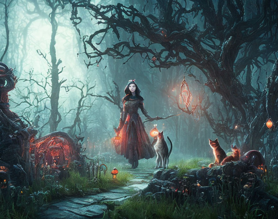 Woman in red dress in enchanted forest with lanterns, wolf, and mystical elements