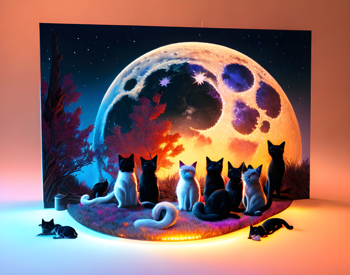 Five cats under starlit moon in colorful surreal room