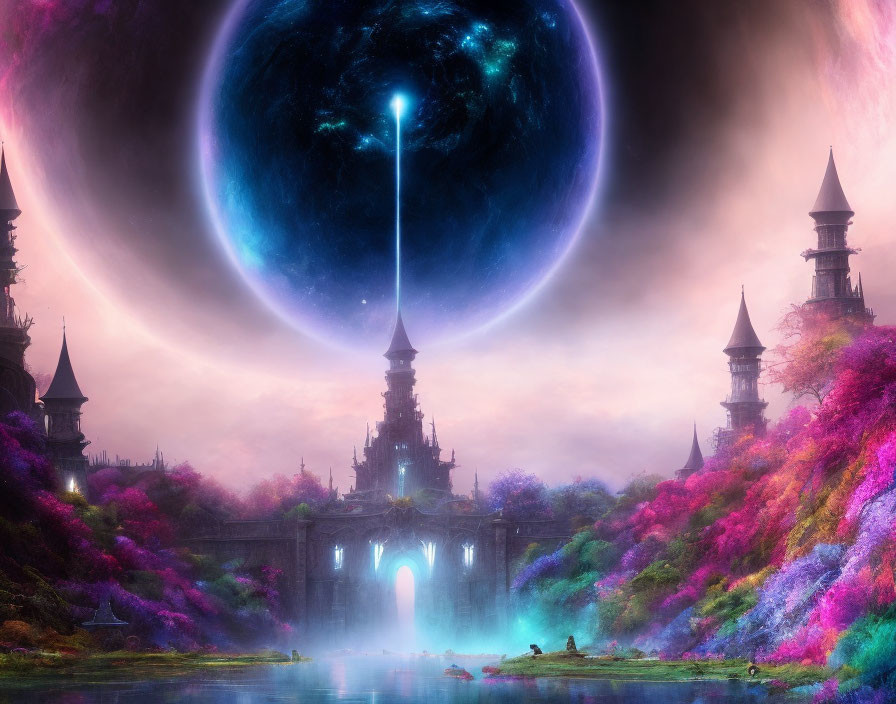 Fantasy landscape with vibrant flora, castle, river, ducks, and cosmic event