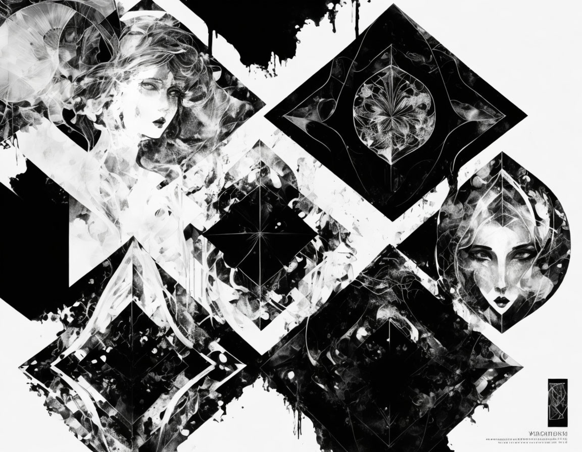 Abstract Monochrome Artwork: Stylized Female Faces with Geometric Shapes and Fractal Patterns