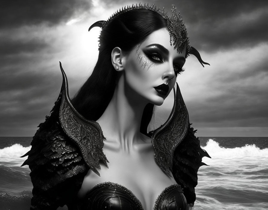 Monochrome image of woman with dark makeup, fantasy headpiece, and shoulder armor by stormy sea