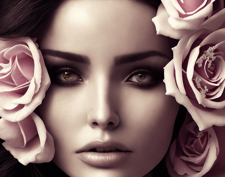 Close-up Portrait of Woman's Face with Pink Roses and Jeweled Accessory