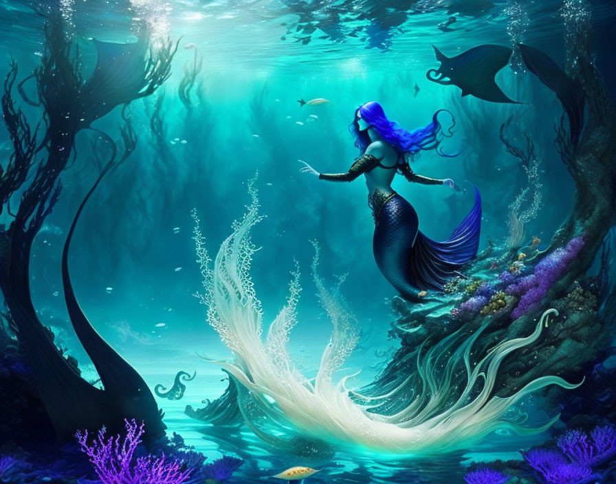 Blue-haired mermaid swimming among coral and sea creatures in ethereal underwater scene.