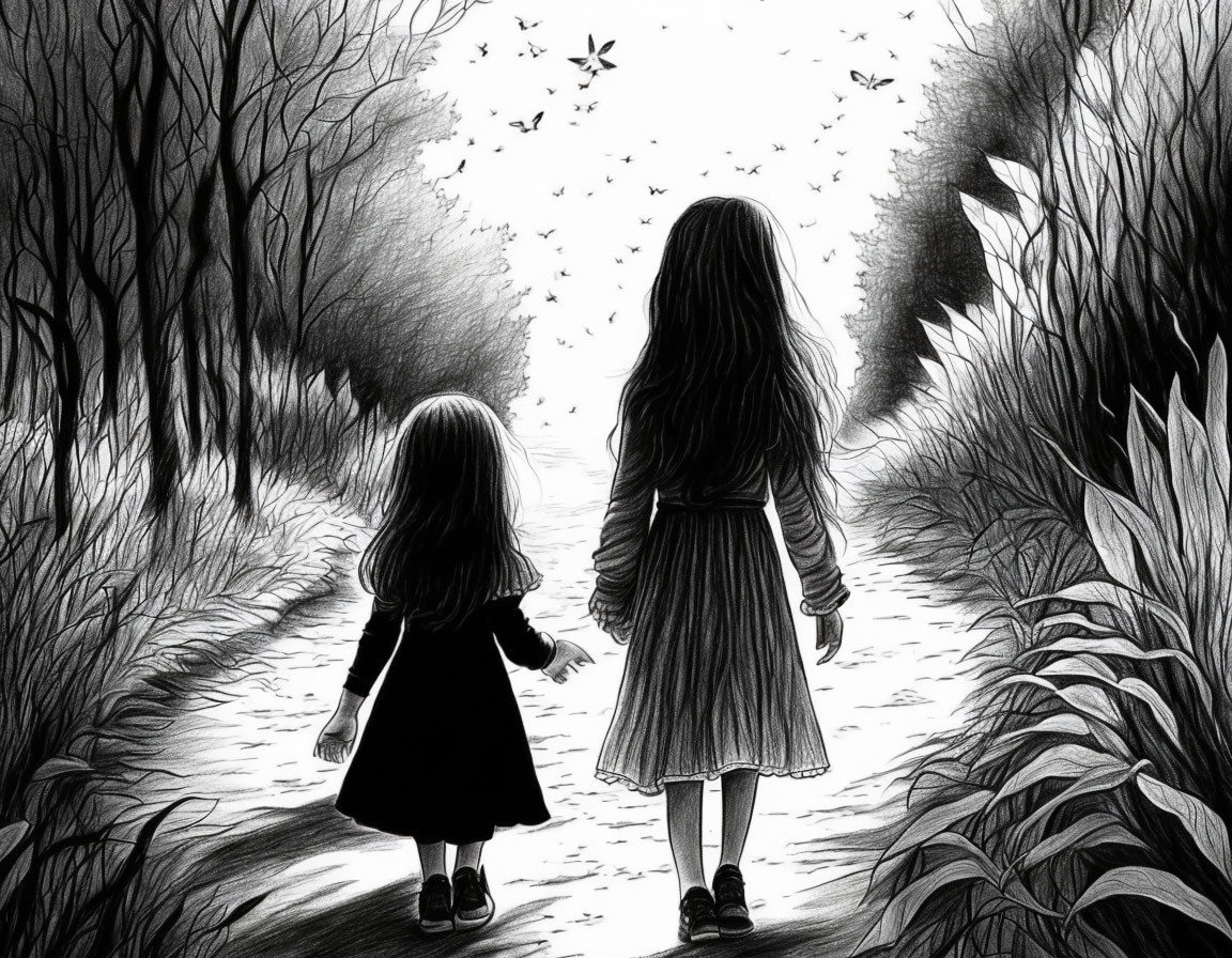 Illustration of two girls walking in forest with birds, tall grass, and trees