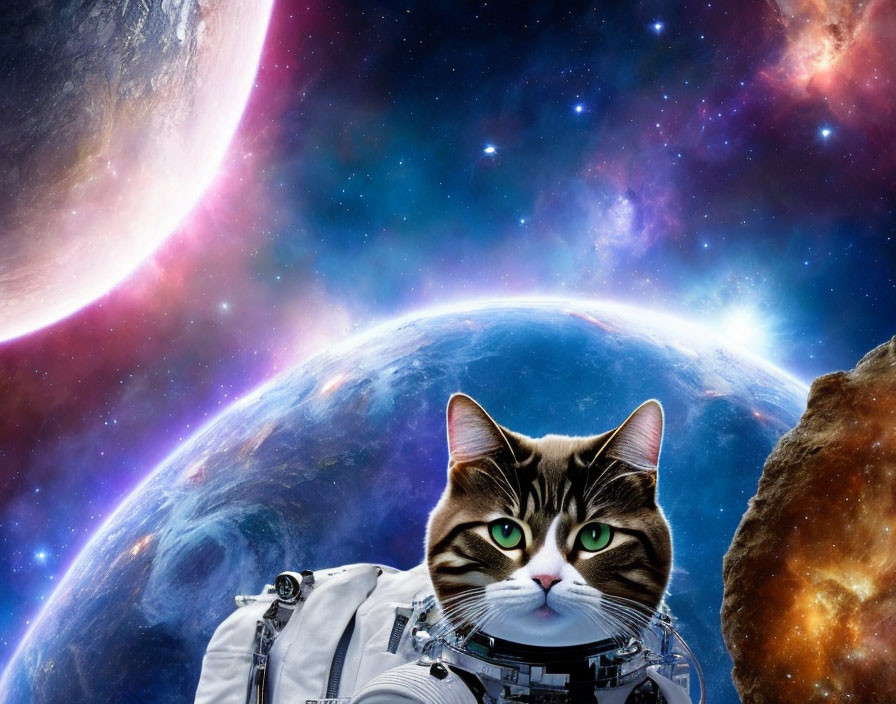 Cat in spacesuit helmet on cosmic background with Earth and stars.