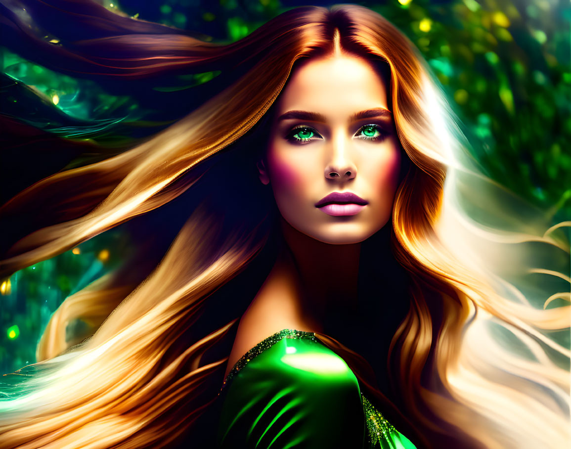 Stylized image of woman with golden hair and green eyes in vibrant foliage