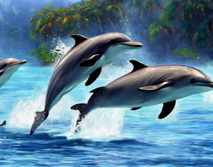 Three dolphins leaping in front of tropical forest.