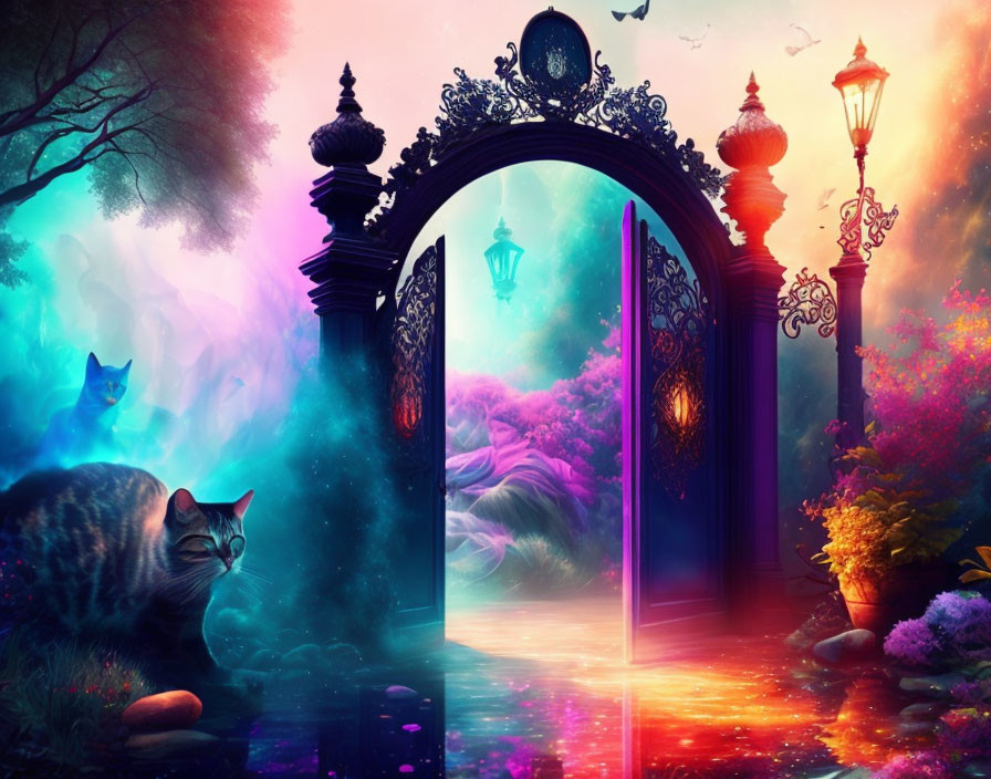 Ornate Gate Opens to Colorful Twilight Landscape