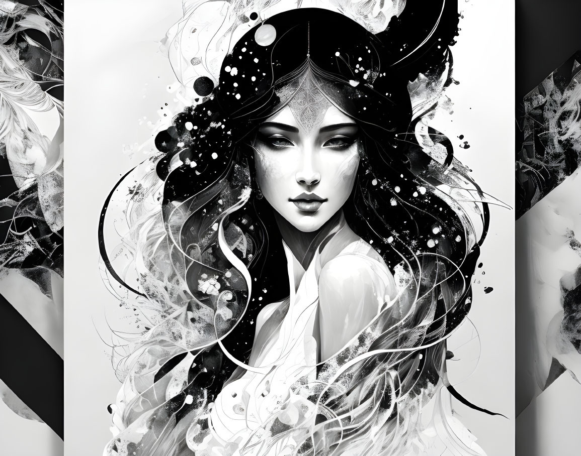 Monochrome artistic illustration of woman with flowing hair and abstract patterns.