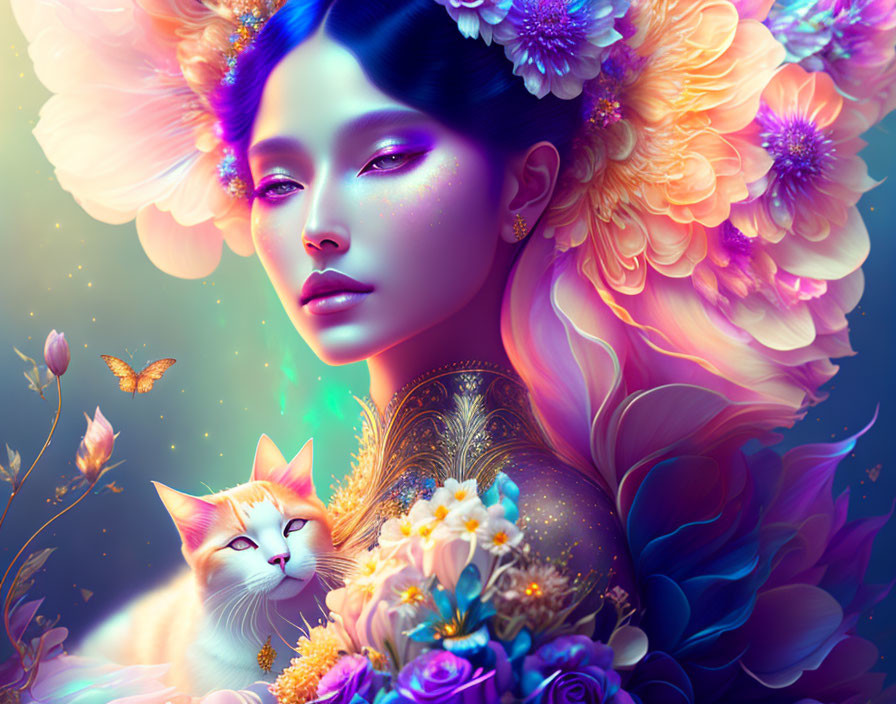 Fantasy artwork: Woman with flowers in hair and orange cat in mystical setting