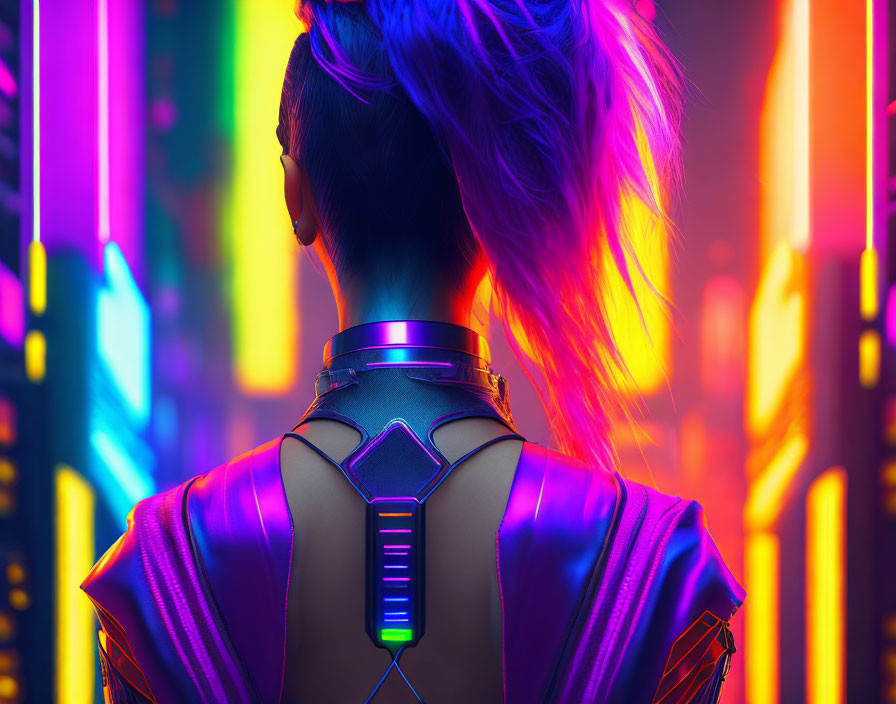 Vibrant neon-lit hair against futuristic cityscape.