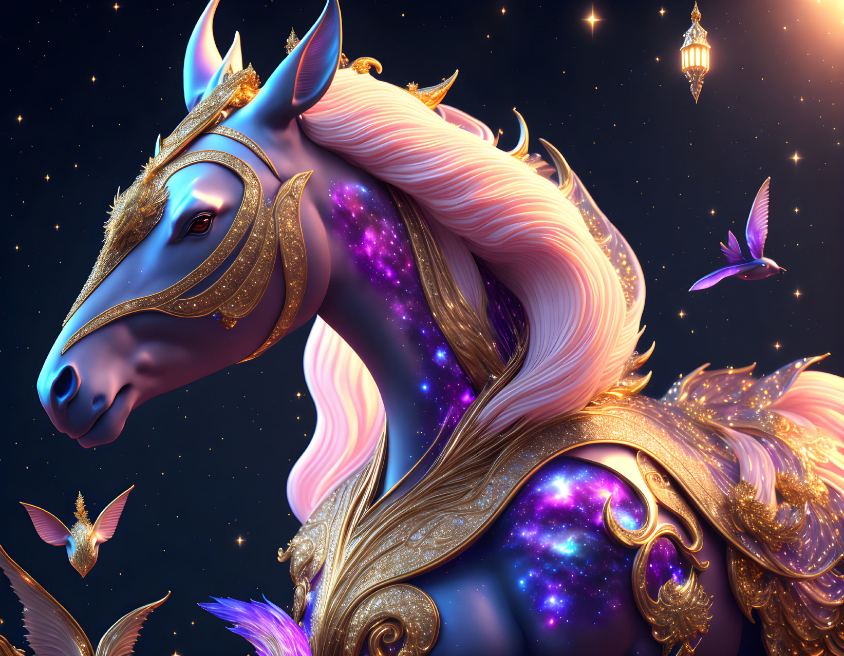 Majestic cosmic unicorn with blue star-filled body and golden armor surrounded by lanterns and butterflies