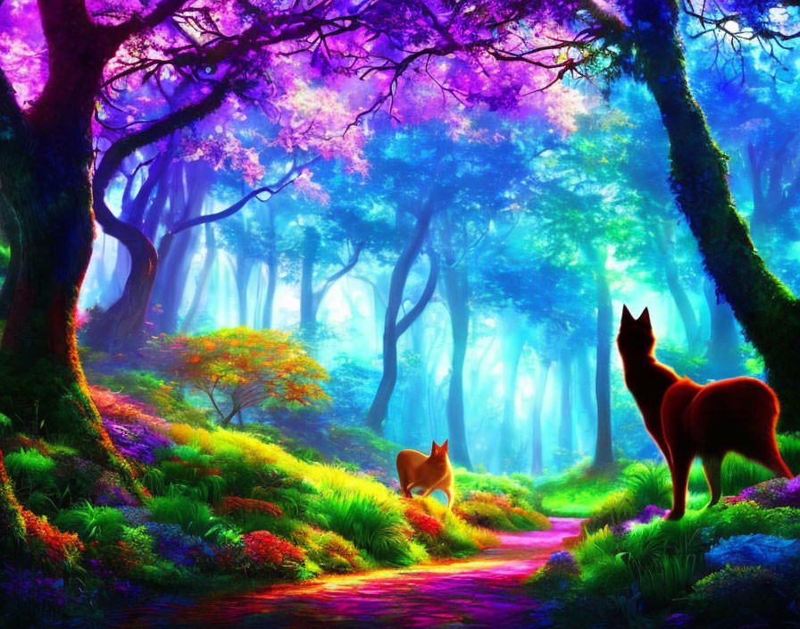 Colorful Forest Scene with Two Foxes in Ethereal Lighting