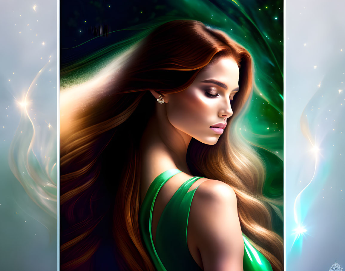 Illustration: Woman with Auburn Hair in Green Dress against Cosmic Background