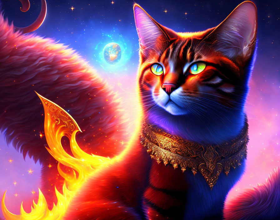 Regal cat digital art with glowing eyes in cosmic setting