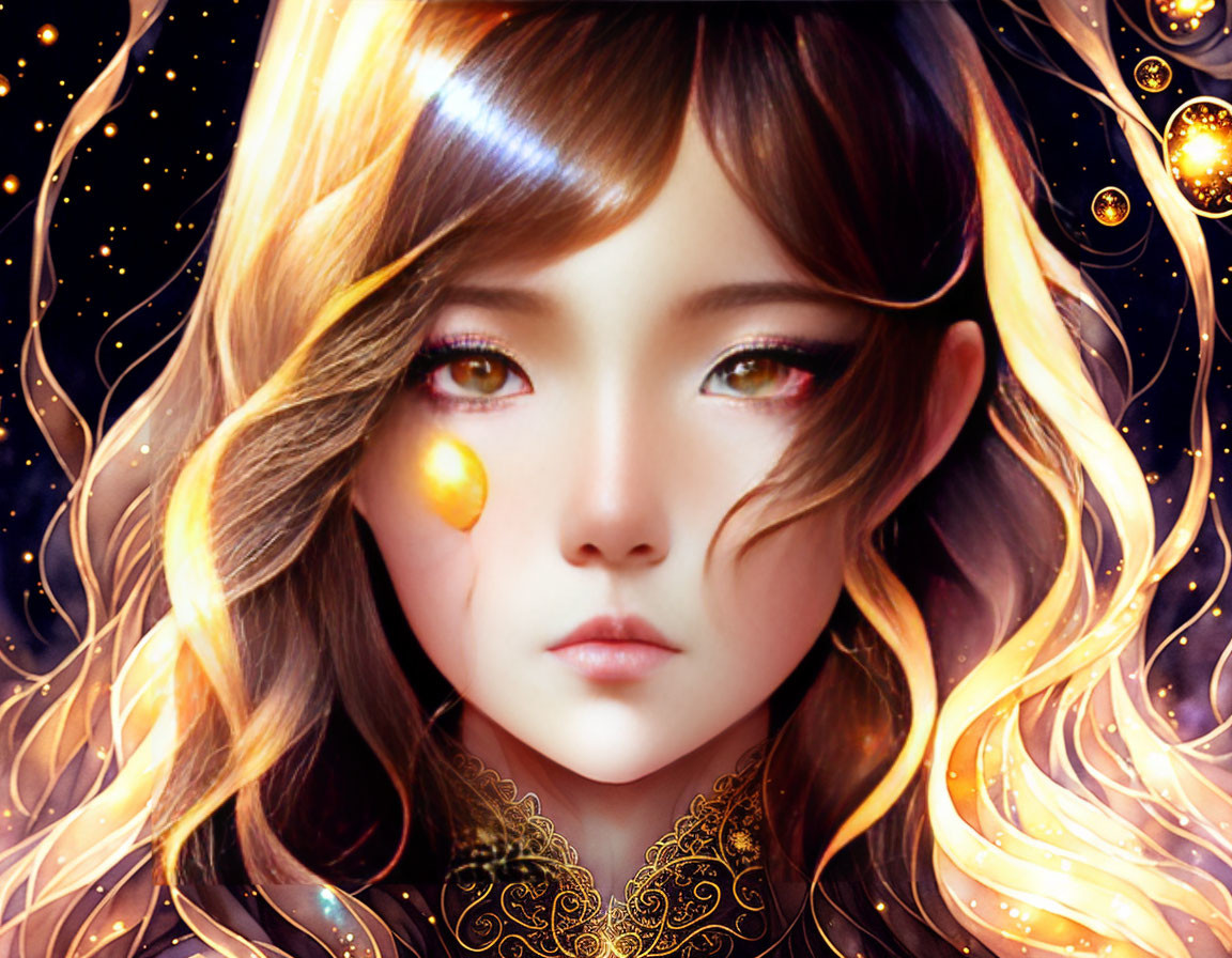 Illustrated female character with expressive eyes and golden hair in starry setting