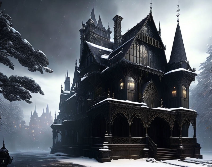 Snowy Gothic Mansion with Intricate Woodwork & Spires in Night Landscape