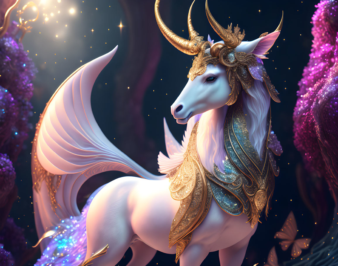 Majestic winged unicorn with golden ornaments on cosmic background