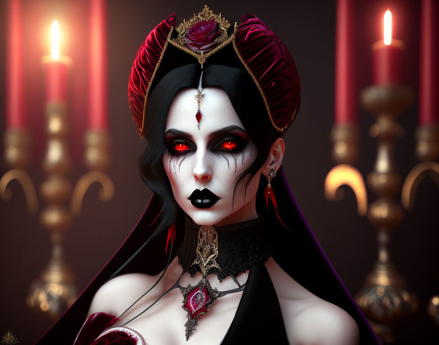 Gothic female figure with pale skin, dark makeup, crown, red and black outfit, candles