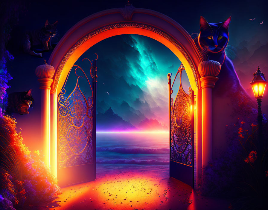 Ornate glowing gate to beach under starry sky with blue cats and lanterns