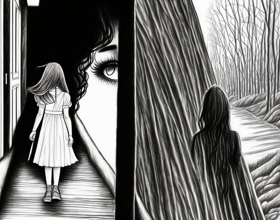 Monochrome Artwork: Girl in Corridor, Eye, Girl in Forest Path, Woman Silhouette