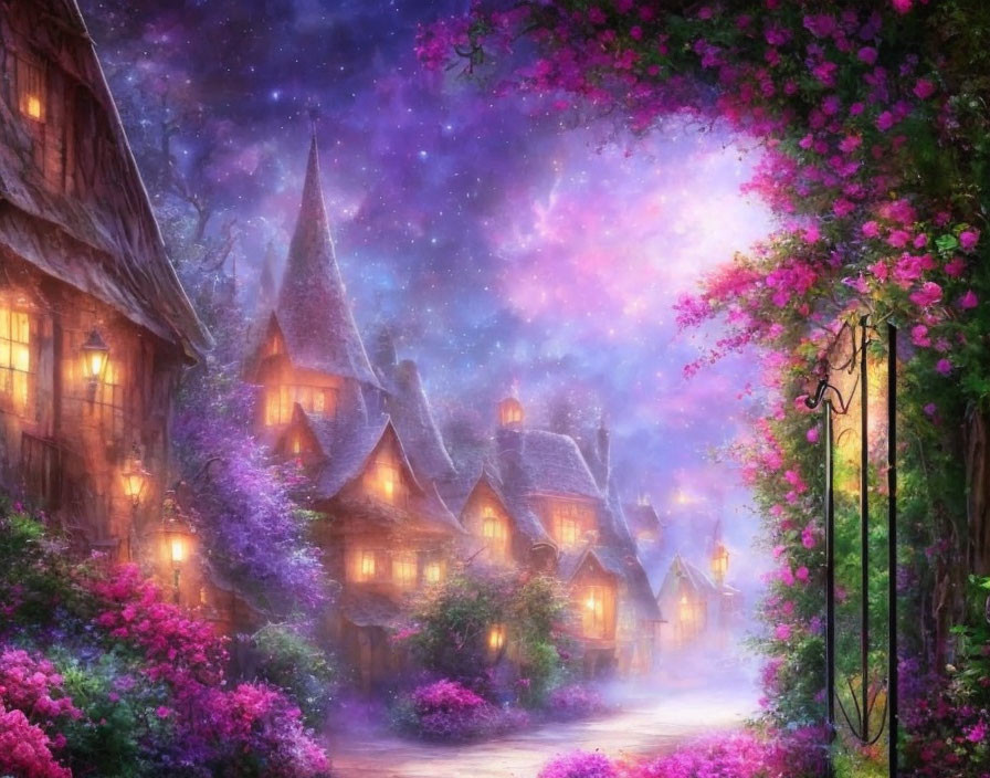 Fairytale village with thatched-roof cottages under purple-hued sky