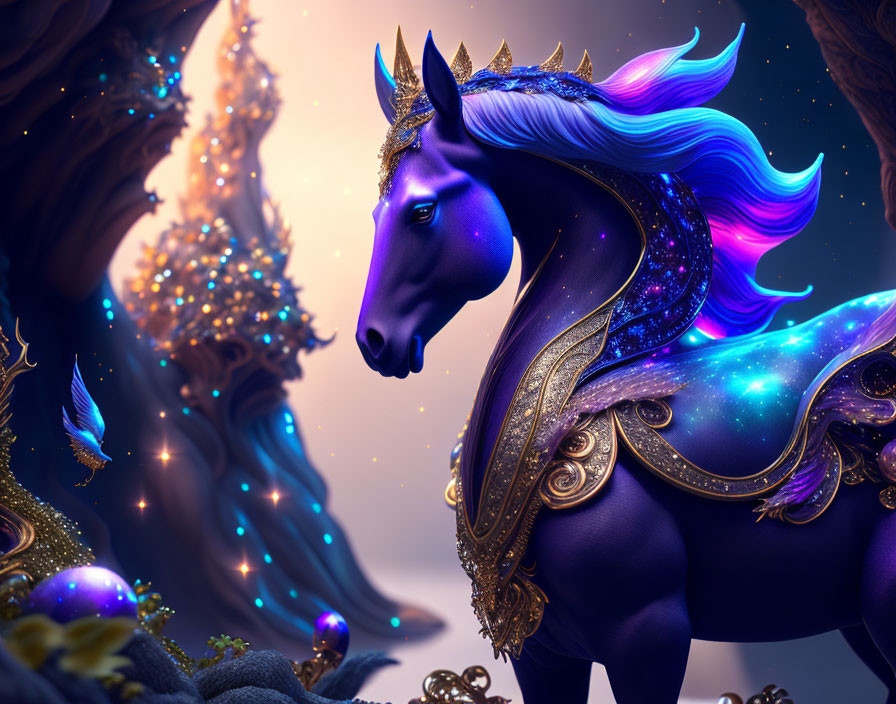 Majestic horse with purple mane and golden armor in mystical scene