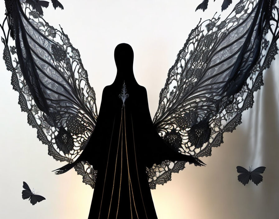 Person Silhouette with Lace Butterfly Wings and Fluttering Figures