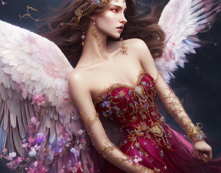 Ethereal woman with white wings in red-gold gown among pink blossoms