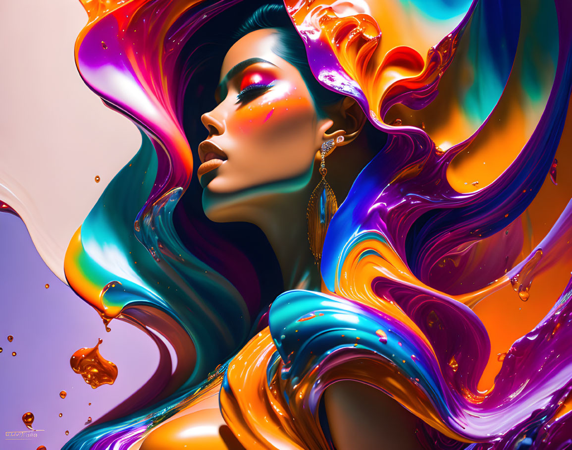 Colorful digital artwork: Woman with flowing hair and liquid swirls