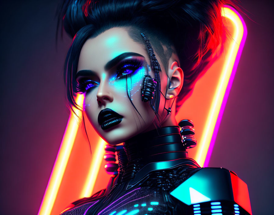 Futuristic woman with cybernetic enhancements and neon lighting