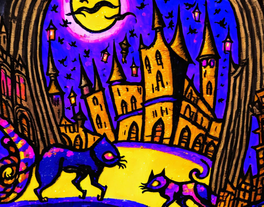 Colorful art: Blue cat and mouse in whimsical night sky with castle towers