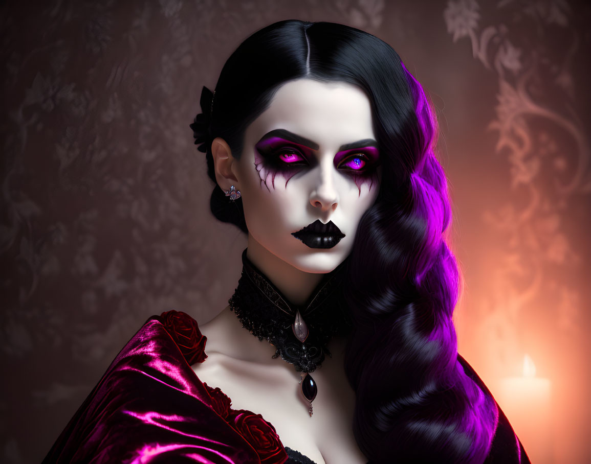 Gothic woman with pale skin, purple highlights, red velvet dress