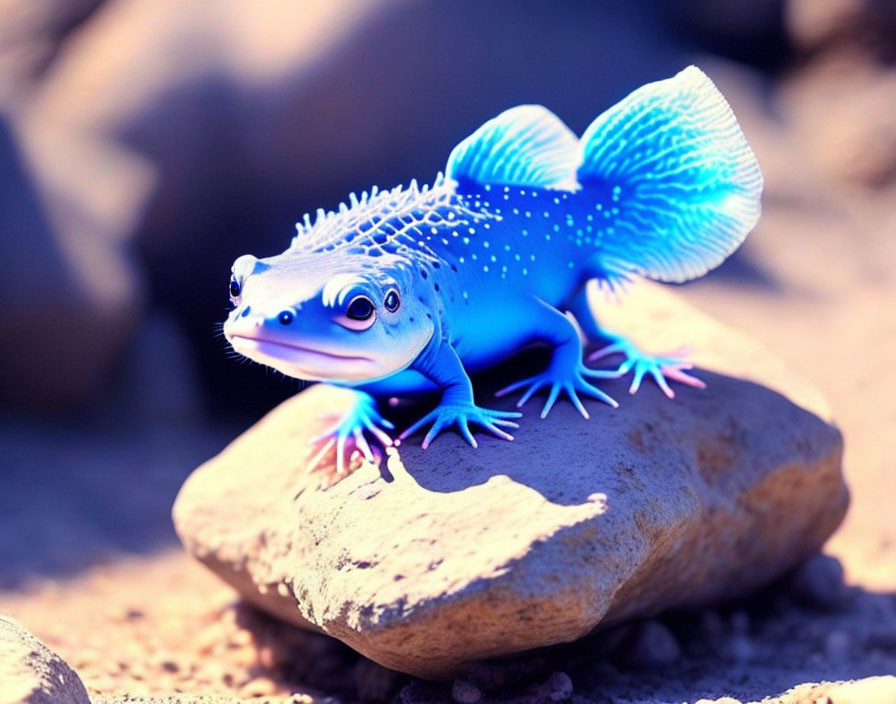 Blue fictional amphibian with fish-like fins and textures on a rock