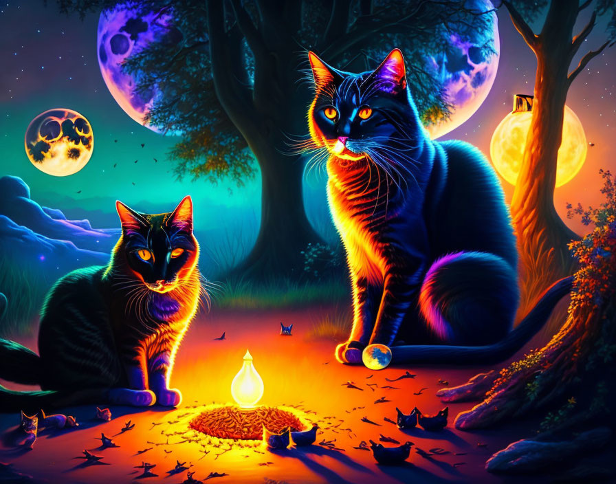 Luminous cats with glowing eyes in surreal nocturnal landscape