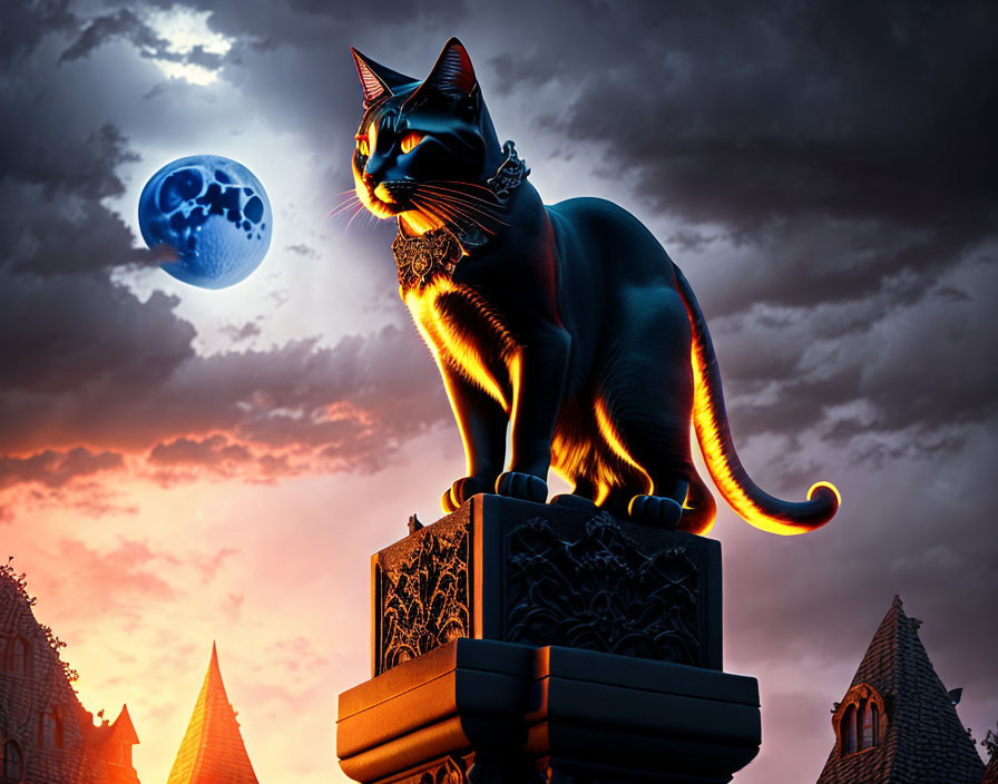 Black Cat on Ornate Pedestal under Fantasy Blue Moon