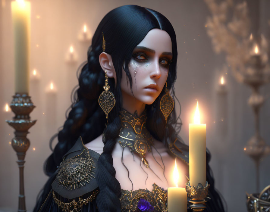 Fantasy female digital artwork with black hair, gold jewelry, dark dress, and candles