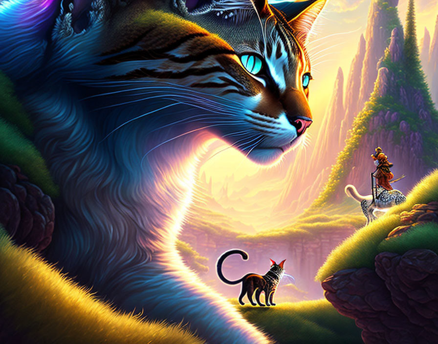 Fantasy landscape with small figure, cat, and giant cat in mystical mountains at dusk