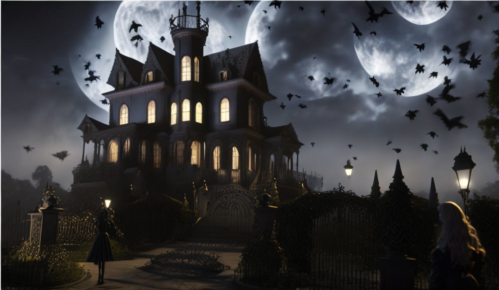 Victorian mansion under full moon with bats, figure, iron gates, and lamp posts