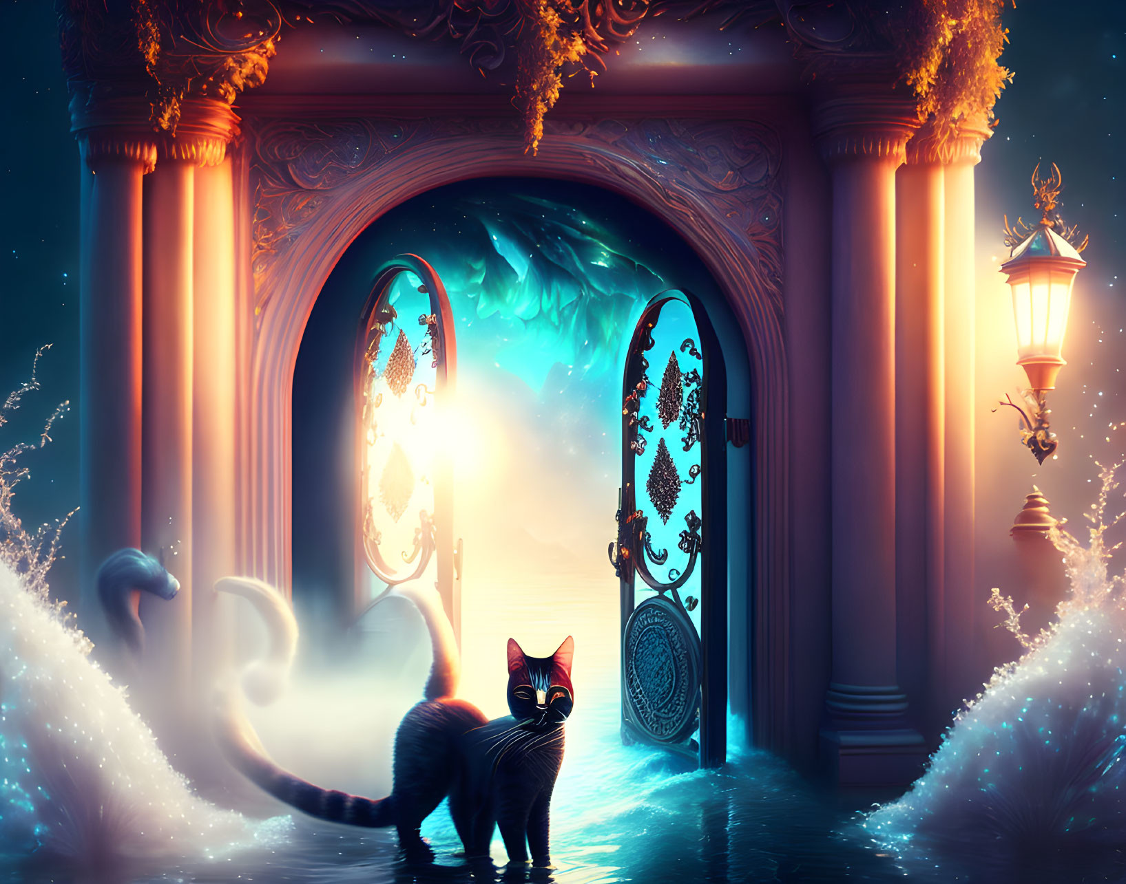 Mysterious black cat at magical doorway by vibrant seascape