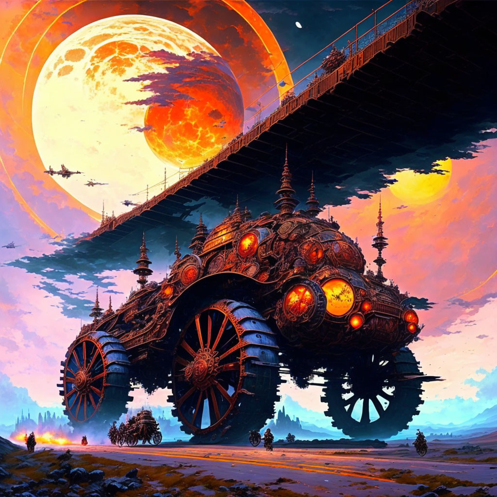 Steampunk landscape with giant wheeled vehicle, alien sky, moon, bridges, and flying machines