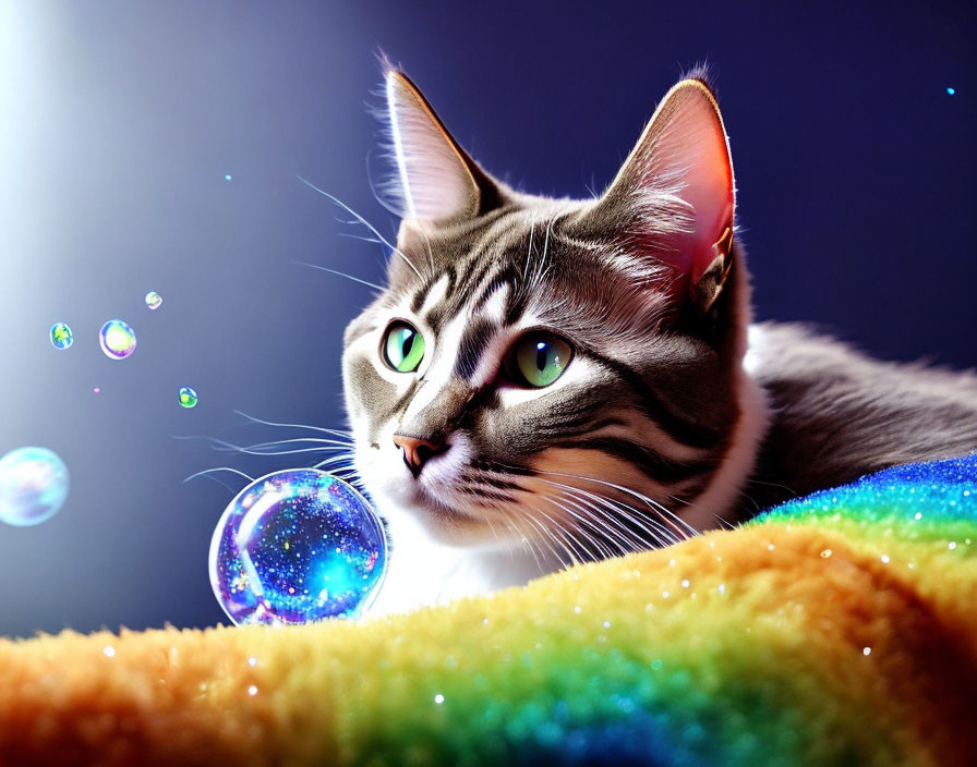 Green-eyed domestic cat observes soap bubbles on colorful blanket