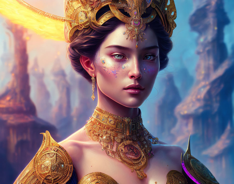 Regal female figure in golden headgear and armor against mystical landscape