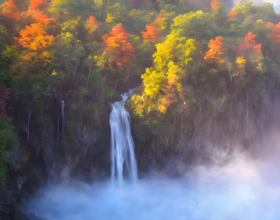 Tranquil waterfall in misty basin amid vibrant autumn forest