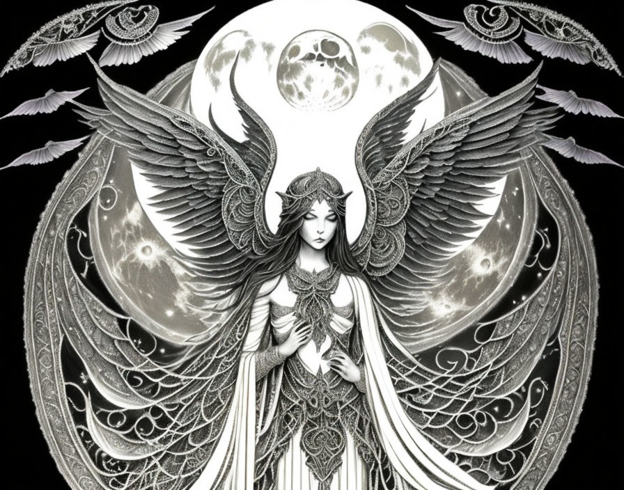 Monochrome illustration of angelic figure with wings under full moon