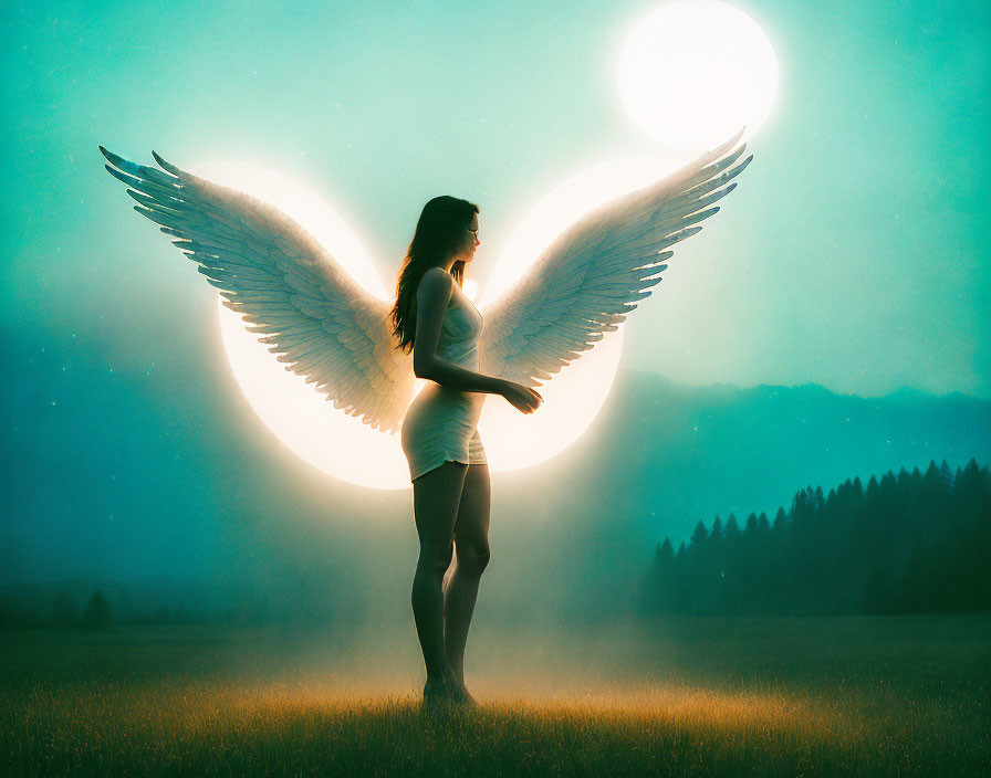 Mystical woman with angel wings in misty field with glowing orb