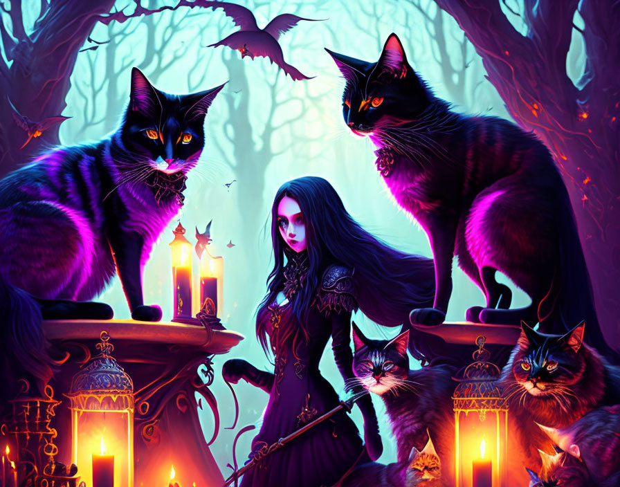 Gothic fantasy art: Girl with black cats in eerie forest with purple lighting, candles, and