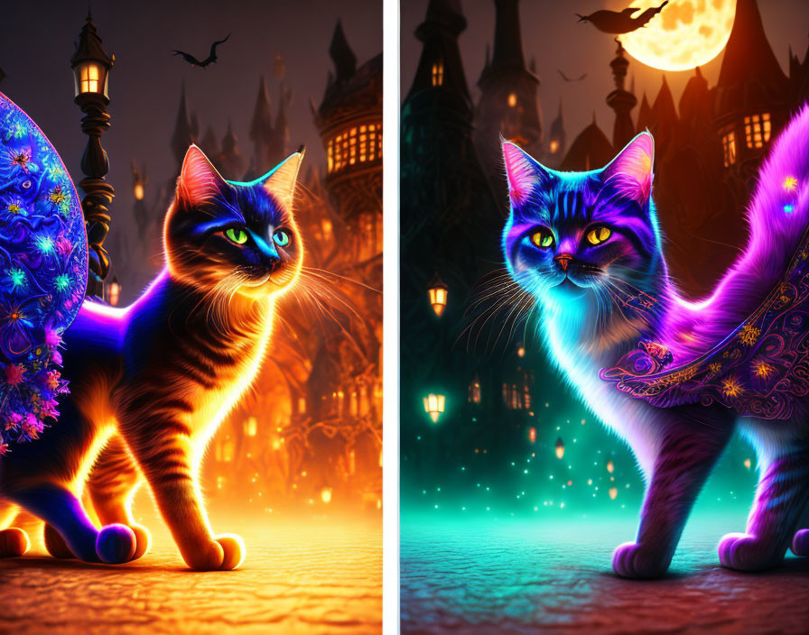 Neon-colored cats with intricate patterns in mystical cityscape