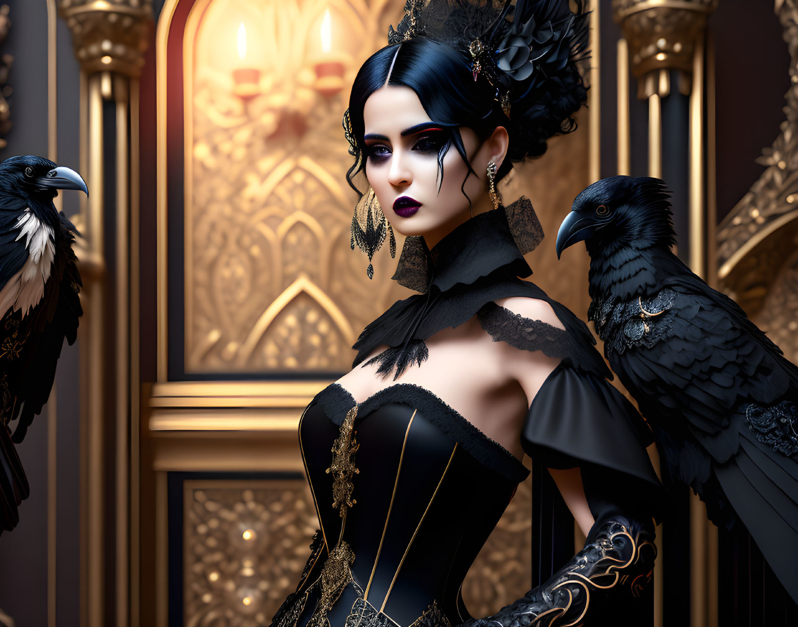 Gothic-style woman with dark makeup and ravens in ornate setting