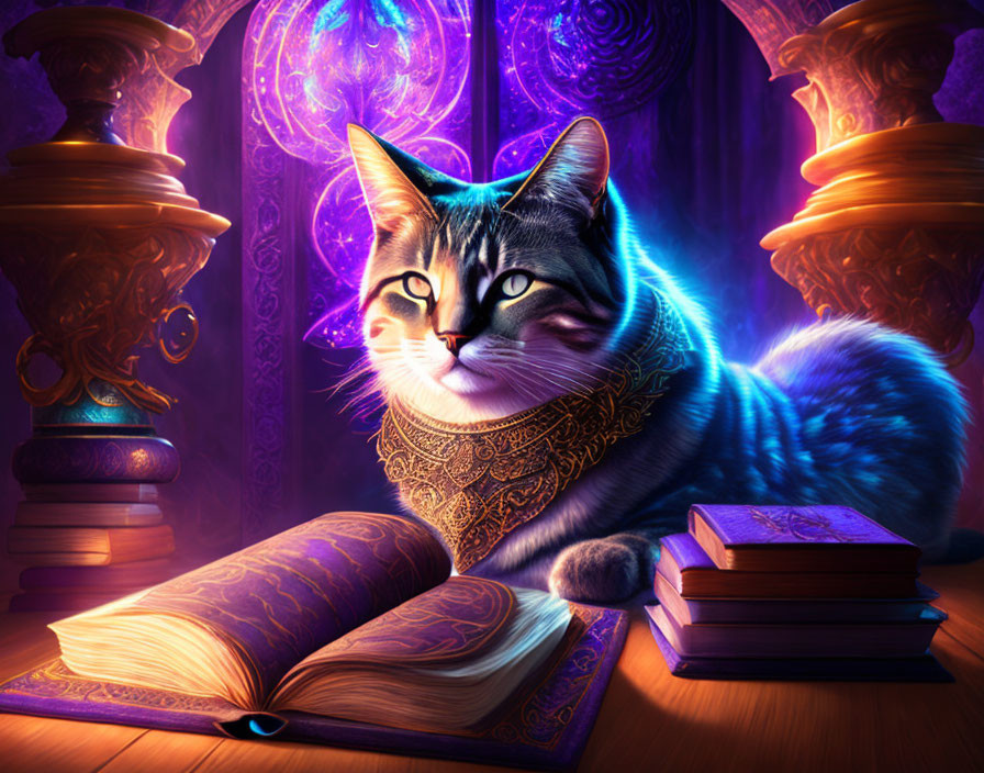 Mystical cat with glowing blue stripes in enchanting room with purple light